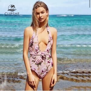 NEW CupShe Pink Floral Halter One Piece Plunging Pink XXL